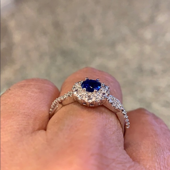 4.5mm Round Blue CZ September Engagement Ring - Picture 3 of 7
